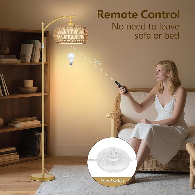 ROTTOGOON Rattan Floor Lamps for Living Room, Boho Standing Lamps with Rattan& Linen Double Shades, Arc Lamps Floor Standing with 9W Bulb, Foot Switch, Bohemian Floor Lamps for Bedroom, Office-Gold