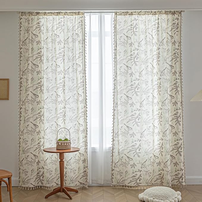 Boho Floral Curtains French Country Farmhouse Curtains 72 Inches Long Light Filtering Window Rod Pocket Drapes for Living Room 2 Panels-Beige Birds