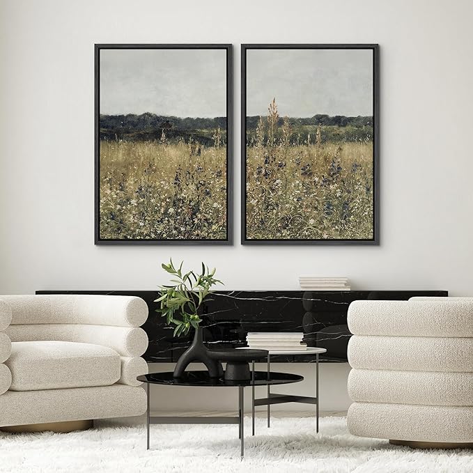 SIGNWIN Framed Canvas Print Wall Art Set Wildflower Meadow Under a Gentle Overcast Sky Illustration Modern Art Minimalism Decorative Nordic for Living Room, Bedroom, Office - 16"x24"x2 Black