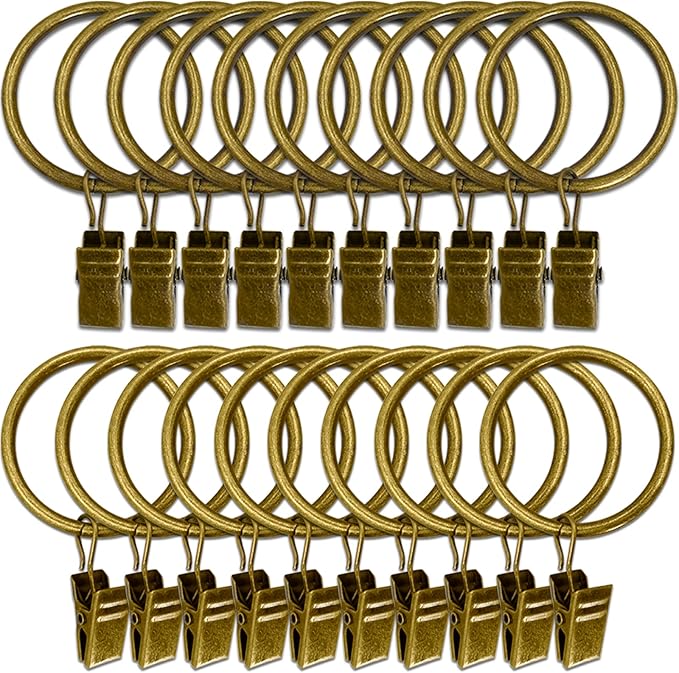 20 Pack Metal Curtain Rings with Clips, Curtain Clip Rings Hooks for Hanging Drapery Drapes Bows, Curtain Rod Rings 1.5 inch Interior Diameter, Bronze
