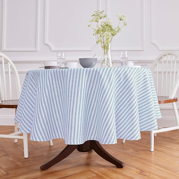Solino Home Linen 60 Inch Round Tablecloth - Amalfi Stripe, 100% Pure Linen Sky Blue and White Round Tablecloth - Machine Washable Table Cloth