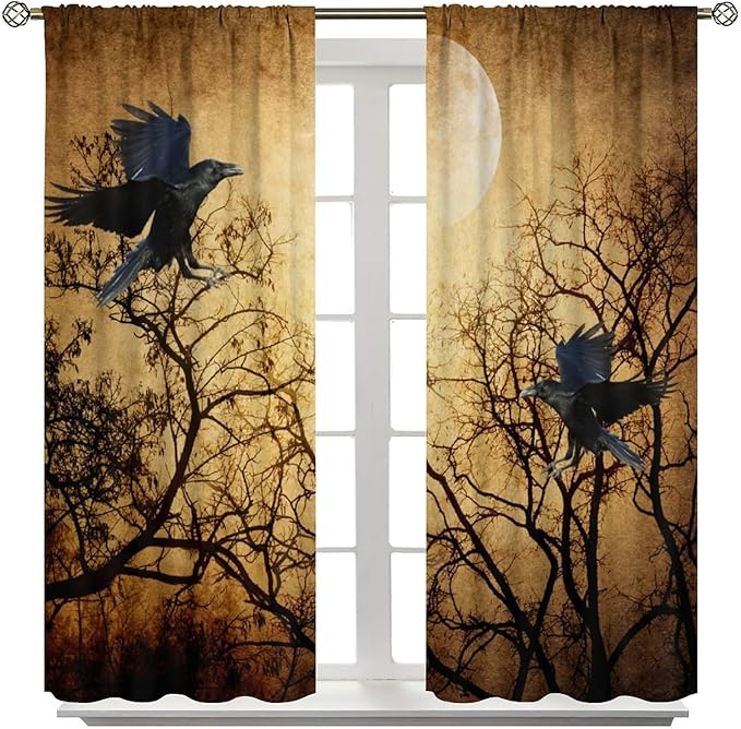 Gothic Crows Blackout Curtains, Vintage Misty Tree Dead Woodland Raven Black Crow Moonlight Retro Window Drapes, for Living Room Bedroom 31.5(W)*72(L) 2 Panels