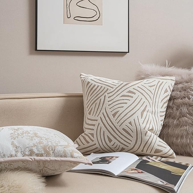 2025 New 22x22'' inches Throw Pillow Cushion Covers - Paradise Beige Color Chenille Jacquard Embroidery Luxury Modern Style Couch Sofa Bed Pillow Cover for Living Room Bedroom