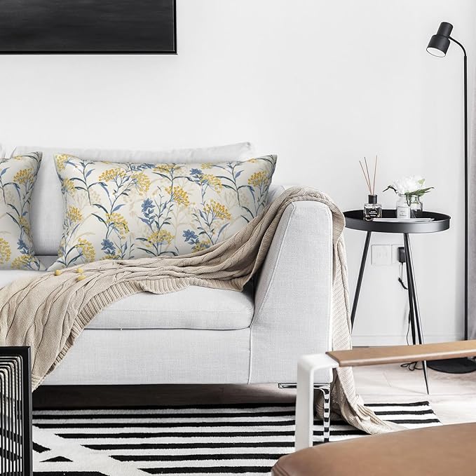 Spring Summer Seasonal Lumbar Pillow Covers 12x20 Inch Set of 2 Watercolor Blue Yellow Flower Throw Pillow Cover Vintage Plant Floral Pillowcase Cushion Cases for Home Couch Bed Sofa
