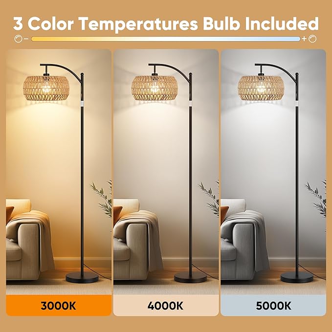 ROTTOGOON Rattan Floor Lamps for Living Room, Boho Standing Lamps with Rattan Shades, Arc Lamps Floor Standing with 9W Bulb, Foot Switch, Bohemian Floor Lamps for Bedroom, Office- Black
