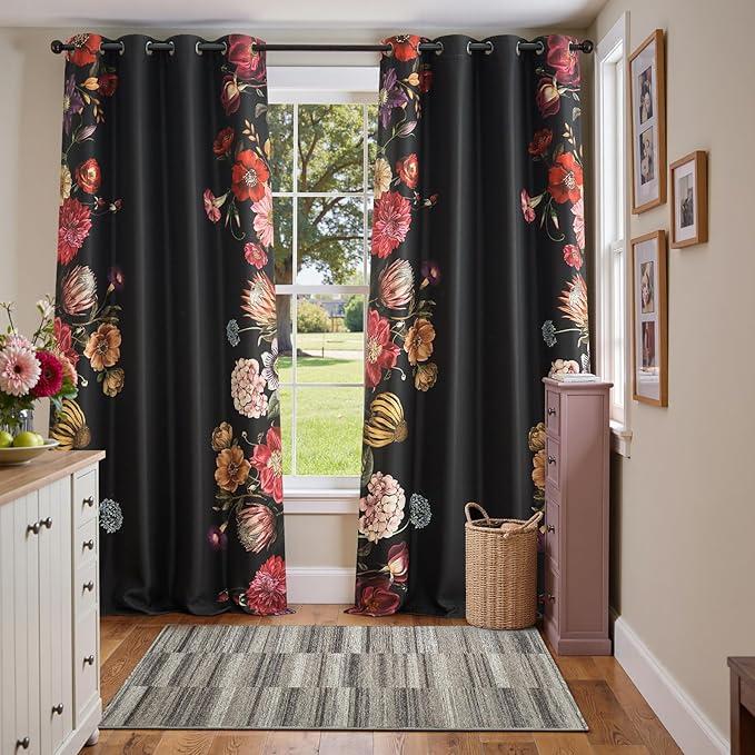 JINCHAN Hannah Floral Blackout Curtains with Retro Vintage Flower Print Drapes for Bedroom Living Room Fall Decor Winter Window Curtains Room Darkening 96 Inches Length 2 Panels Set with Grommet Black