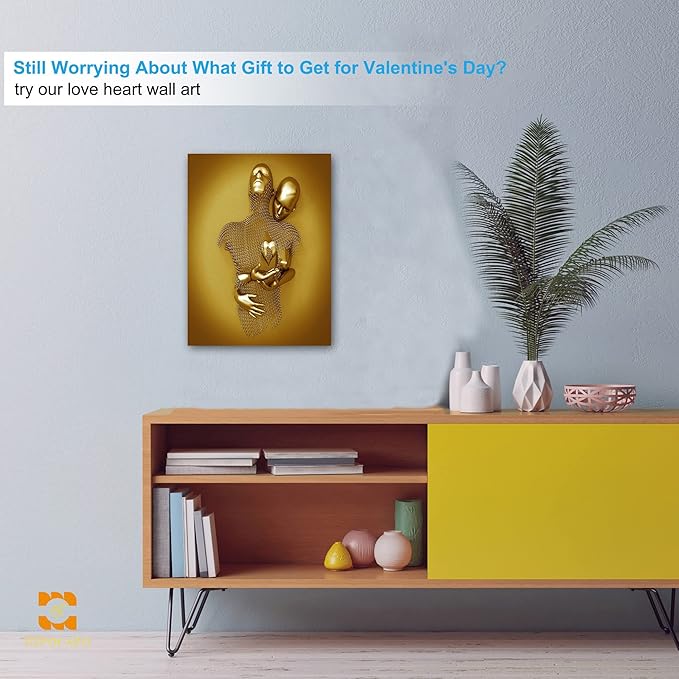 3D Wall Art- Love Heart 3D Metal Canvas Art, Gold Modern Abstract Hug Lovers Painting Picture Poster Prints for Bathroom, Romantic Couple Living Room Canvas Wall Art Framed 18”x24”x1Pcs