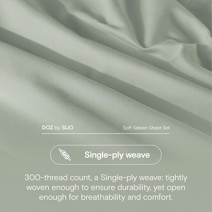 DOZ 100% Long Staple Cotton Duvet Cover Set, Soft Sateen Weave, Smooth, Breathable, Hotel Comfort, 90"x90", 8 Loops, 3pc – 2 Pillowcases 1 Duvet Cover (Sage, Full/Queen)