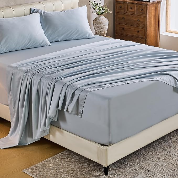 MEISHANG Extra Deep Pocket Cotton Sheets King Size - 100% Egyptian Cotton 1000 Thread Count - Fits 18"-24" in Deep Mattress,Oeko-Tex Certified, Soft & Breathable - 4 Piece (King, Light Blue)