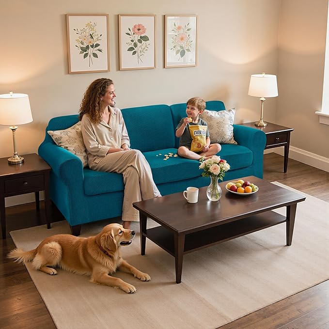 SUBRTEX 7 Pieces Stretch Sofa Slipcover Sets Couch Cover Sets Backrest Cushion Covers Furniture Protector Collection Set for Oversize Sofa Loveseat Chair Slip Covers(Large, Teal)