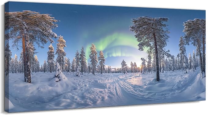 GUTTATY Christmas Winter Canvas Wall Art, Northern Lights Winter Scene Canvas Prints, Snowy Forest Landscape Poster Picture, Holiday Artwork for Living Room, Bedroom, Office, 32x16 Inch