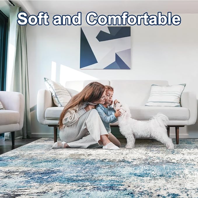 Washable Area Rug 5x7 - Neutral Modern Abstract Rugs, Soft Non Slip Thin Carpet with for Bedroom, Under Dining Room Table, Home, Office, Dorm, Office Rolling Chair - Blue Gray