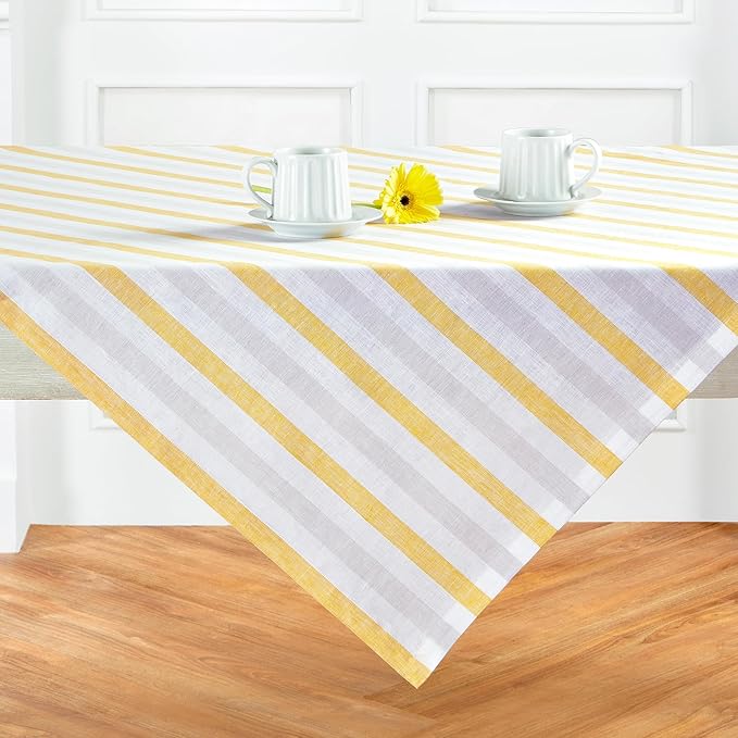 Solino Home Linen Square Tablecloth 52 x 52 Inch - Sorrento Stripe, 100% Pure Linen Yellow and Grey Table Throw - Machine Washable Tablecloth