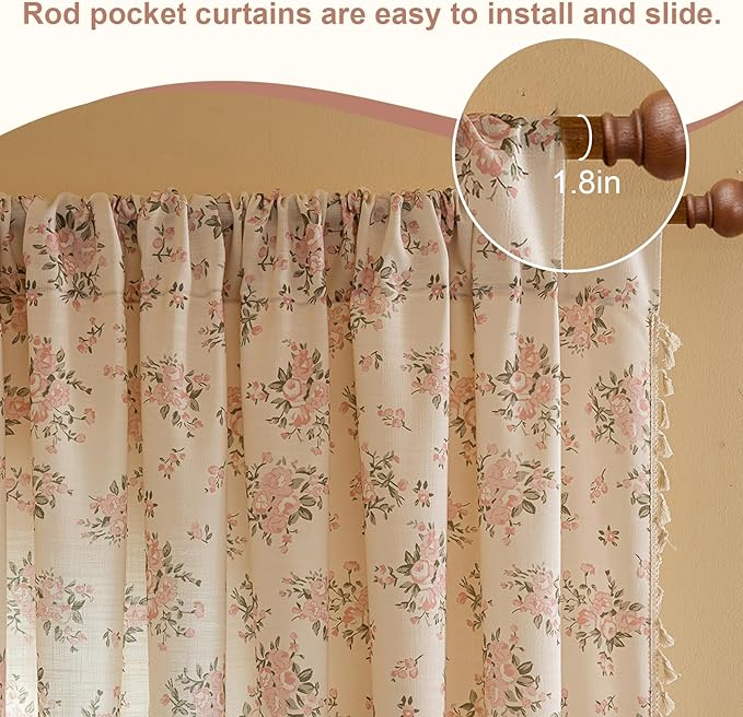 OYX Pink Boho Floral Curtains 96 Inch Long 2panels, French Vintage Farmhouse Patterned Decor Window Drapes with Tassels, Girls Semi-Sheer Light Filtering for Bedroom Living Room (Rod Pocket, 52Wx96L)