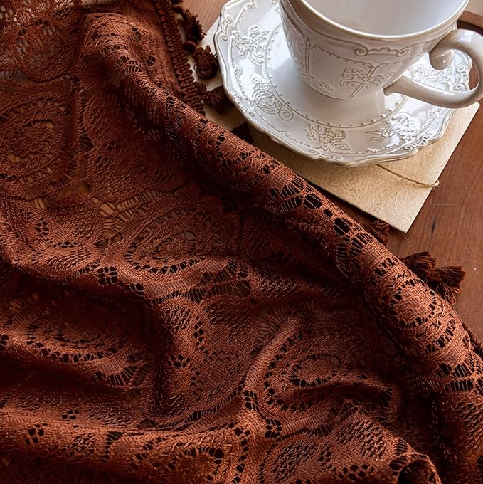 Boho Crochet Curtains 108 inches Long Set of 2 Farmhouse Brown Pattern Floor to Ceiling Curtains Lace Sheer Curtain Panles for Patio Sliding Door Living Room Privacy W59 x L108 Caramel Brown