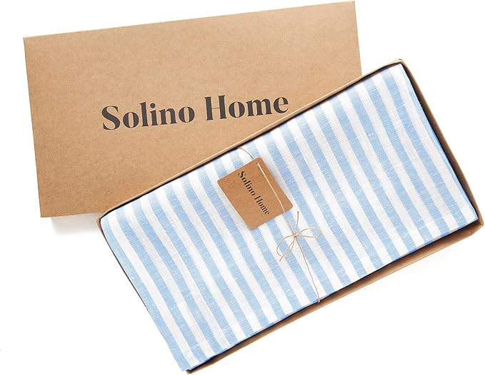 Solino Home Linen Tablecloth 60 x 120 Inch - Amalfi Stripe 100% Pure Linen Sky Blue and White Table Cloth for Rectangle Tables - Machine Washable Tablecloth for Holiday