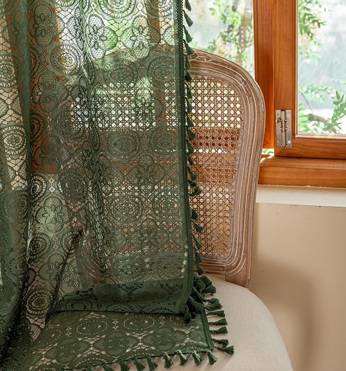 YJ YANJUN Green Boho Curtains with Tassels for Bedroom Retro Floral Pattern Knit Lace Sheer Curtains 63 Inch Length for Livingroom Country Light Filtering Crochet Drapes Set of 2 W59 x L63
