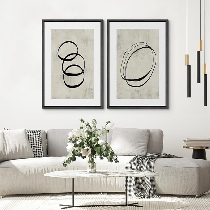 SIGNWIN Framed Canvas Print Wall Art Set Black Tan Ring Spiral Collage Abstract Shapes Cozy Neutral Modern Art Decorative Nordic Multicolor for Living Room, Bedroom, Office - 16"x24"x2 Black