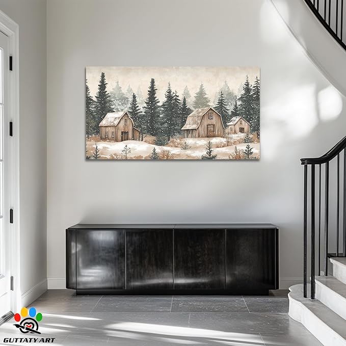 GUTTATY Christmas Winter Scene Canvas Wall Art, Rustic Barn and Forest Wall Paintings, Snowy Holiday Pictures Prints, Cozy Seasonal Canvas Artwork Poster for Living Room Bedroom, 60x30 Inch