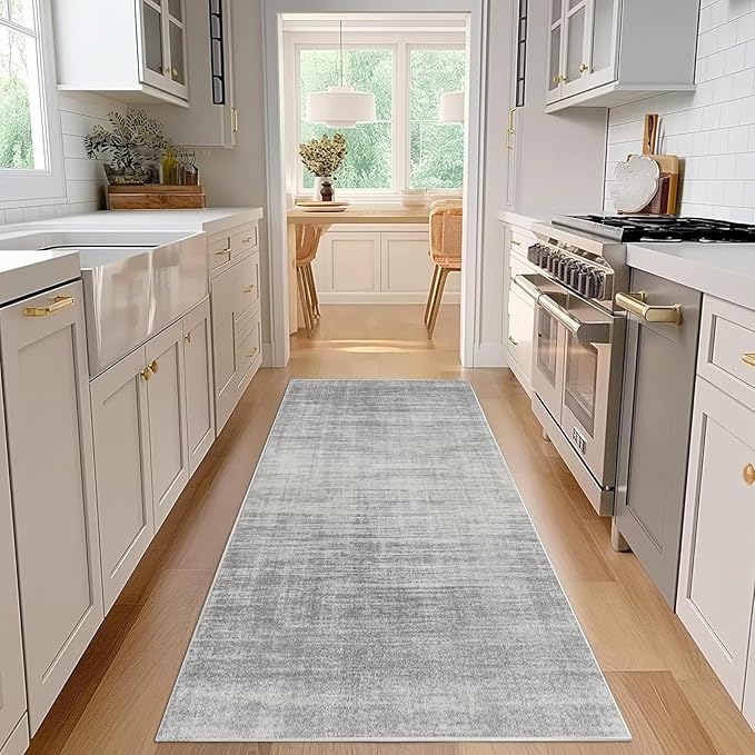Enkor Runner Rugs for Hallway, 2'7"x8 Washable Soft Non Slip Abstract Rugs for Kitchen, Modern Mat for Entryway Living Room Bedroom Light Grey