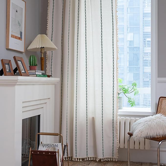 Sutuo Home Boho Curtains for Bedroom Living Room 72 inches Long, Semi Blackout Farmhouse Tassels Window Treatment Bohemian Embroidery Drape, Rod Pocket 1 Panel 52" W x 72" L, White and Emerald Green