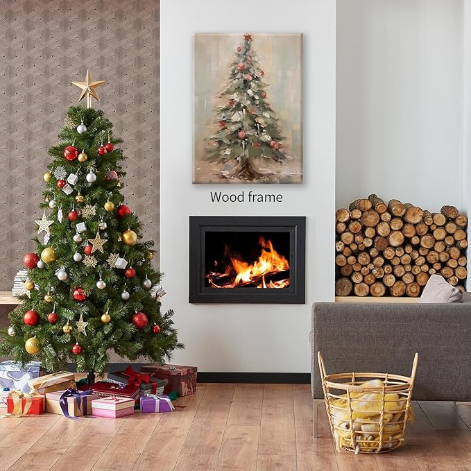 Winter Christmas Tree Wall Art Vintage Nature Botanical Pine Poster 08x10 inch Framed Forest Cottagecore Canvas Painting Prints for Living Room Office Wall Decor