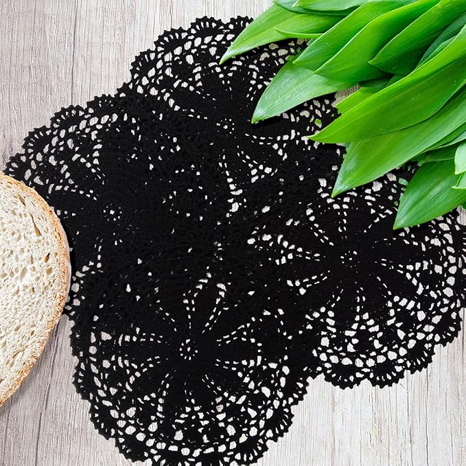 PHANTOMON Crochet Doilies Handmade Round Cotton Lace Table Placemats Knitted Tablecloth, Star Pattern Rippled Edge, Pack of 4 (10 Inch, Black)