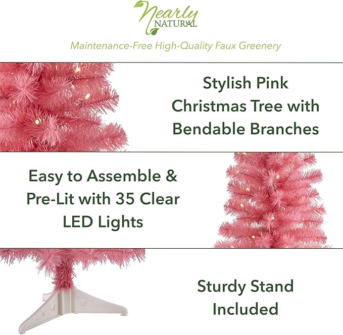 Nearly Natural 2ft. Pink Artificial Christmas Tree with 35 LED Lights and 72 Bendable Branches