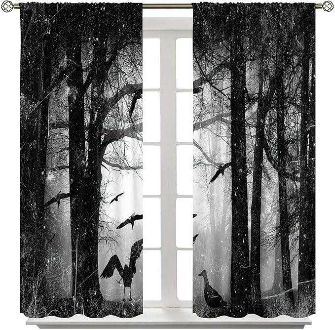 Gothic Forest Blackout Window Curtains, Halloween Style Foggy Forest Dead Trees Crow Print Curtains, for Bedroom Living Room 21(W)*54(L) 2 Panels