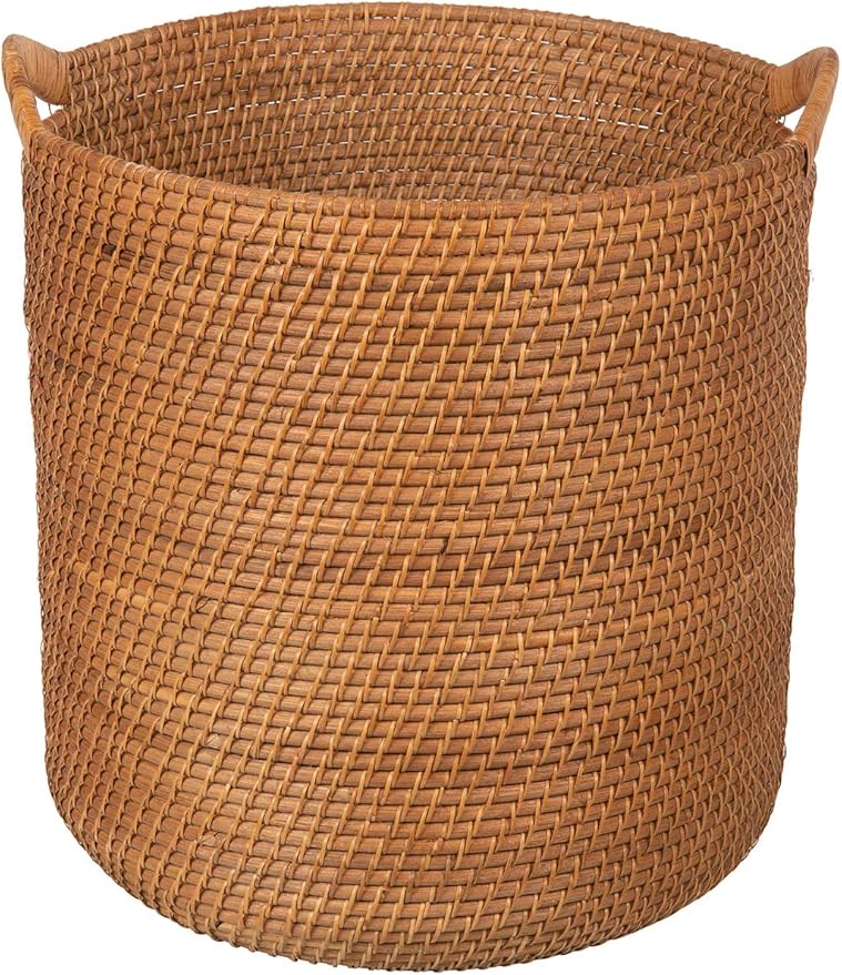 KOUBOO Laguna Round Rattan Storage Basket with Ear Handles, Wicker Blanket, Laundry Hamper, Indoor Plant Basket, Decorative Home Organizer, Honey Brown, Large