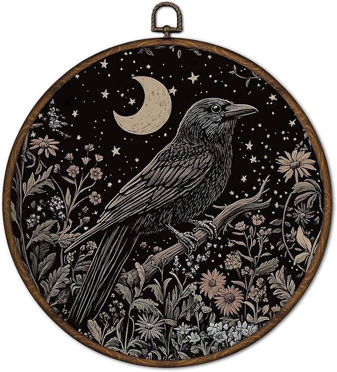 cvjutf Dark Academia Black Crow Raven Wall Art Decor Framed, Witchy Whimsigoth Gothic Black Crow Botanical Round Wall Decor, Vintage Cottagecore Canvas Prints Art for Home Bedroom Living Room,10x10