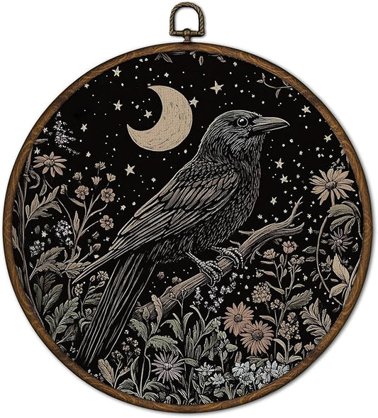 cvjutf Dark Academia Black Crow Raven Wall Art Decor Framed, Witchy Whimsigoth Gothic Black Crow Botanical Round Wall Decor, Vintage Cottagecore Canvas Prints Art for Home Bedroom Living Room,10x10