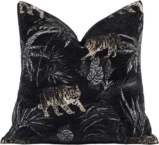 New 18x18'' inches Throw Pillow Cushion Covers - Black Color with Chenille Jacquard Embroidery Golden Tiger Luxury Modern Style Couch Sofa Bed Pillow Cover for Living Room Bedroom