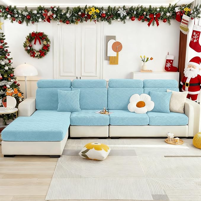 hyha Individual Couch Cushion Covers, Stretch Magic Sofa Seat Cushion Covers Washable, Dog Couch Sofa Slipcover for Pets, Kid with Elastic Bottom(Large, Lake Blue)