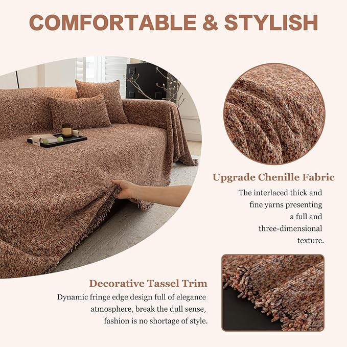 DREAMINGO Thickened Chenille Couch Cover 71x118 Inch Washable 2-Seater Sofa Covers Living Room Sectional Couch Slipcovers Modern Furniture Protector with Tassel, Brown Coffee