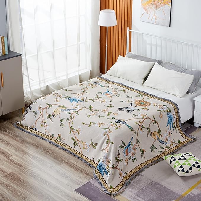 Boho Throw Blankets Reversible Woven Blankets Cover Hippie for Couch Bed Recliner Sofa Bohemian Tapestry Colorful Furniture Protector Cover for Home Décor, American Flower Birds, Double Side, 50"x70"
