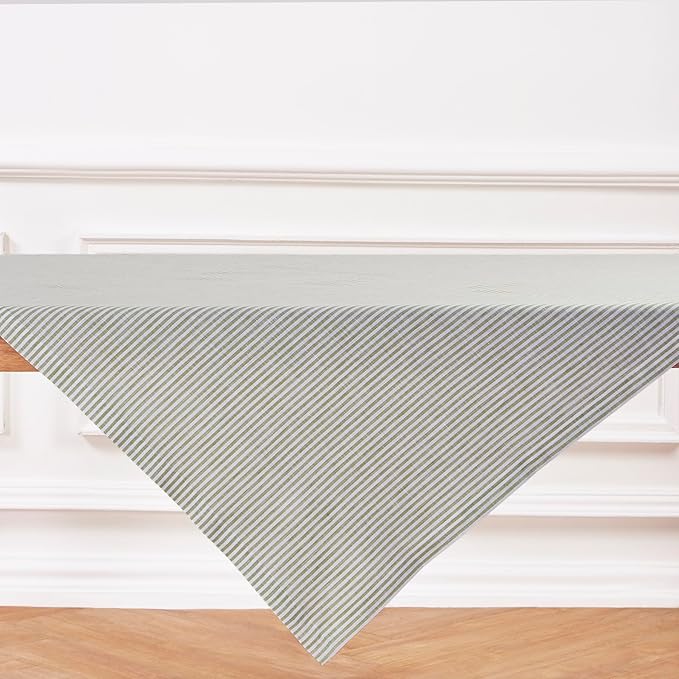 Solino Home Linen Square Tablecloth 52 x 52 Inch - Narrow Stripe, 100% Pure Linen Avocado and White Table Throw - Machine Washable Tablecloth for Fall, Autumn, Thanksgiving, Christmas, Winter