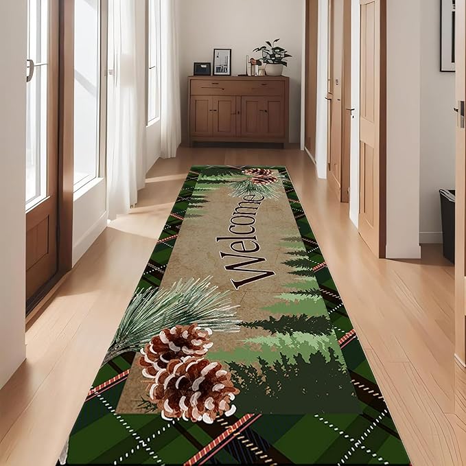 Rustic Forest Runner Rug for Hallway,3.3x7ft,Cottage Collection Pinecone Pine Leaf and Green Gingham Patchwork Rugs,Country Brown Non-Slip Washable Doormat for Living Room Bedroom Entrance