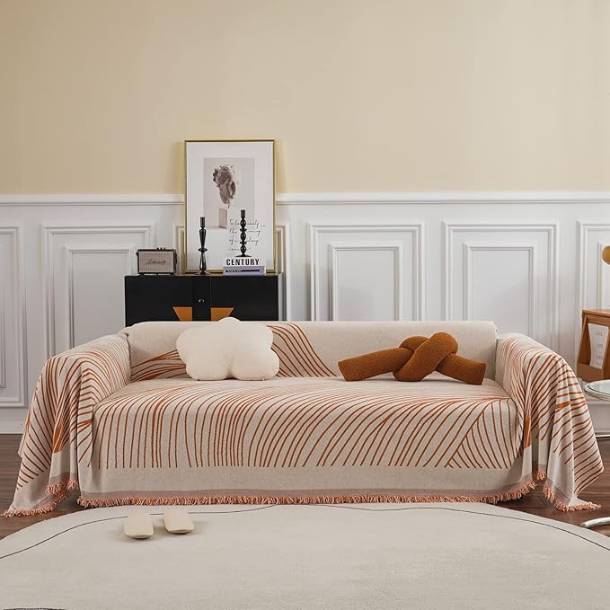 VClife XXL Sofa Cover Chenille Couch Cover for 3 Cushion Couch Sofa, Modern Beige Caramel Striped Couch Covers for Kids Washable Sectional Sofa Protector with Tassel 71"X150"