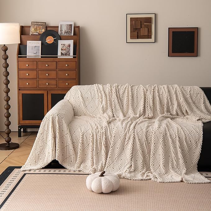 ROOMLIFE Striped Boho Khaki Couch Cover for 2-3 Cushion Sofa, Fuzzy Plush Warm Sofa Slipcovers Sectional Sofas Covers, Non Slip Washable Furniture Protector Soft with Tassel,Winter 71''X134”