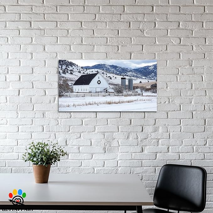 GUTTATY Christmas Winter Barn Canvas Wall Art, Rustic Farmhouse Winter Scene Pictures, Snowy Holiday Wall Decor, Countryside Canvas Print with White Barn for Living Room, Bedroom, Office, 48x24 Inch