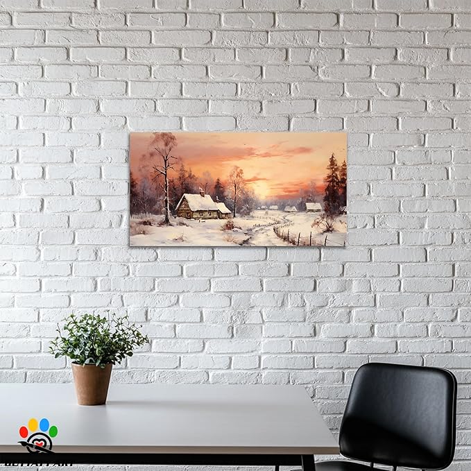 GUTTATY Christmas Winter Scene Canvas Wall Art, Cozy Snow Village Canvas Print, Rustic Country House Wall Painting, Winter Sunset Landscape Poster for Living Room, Bedroom, Hallway, 24x12 Inch