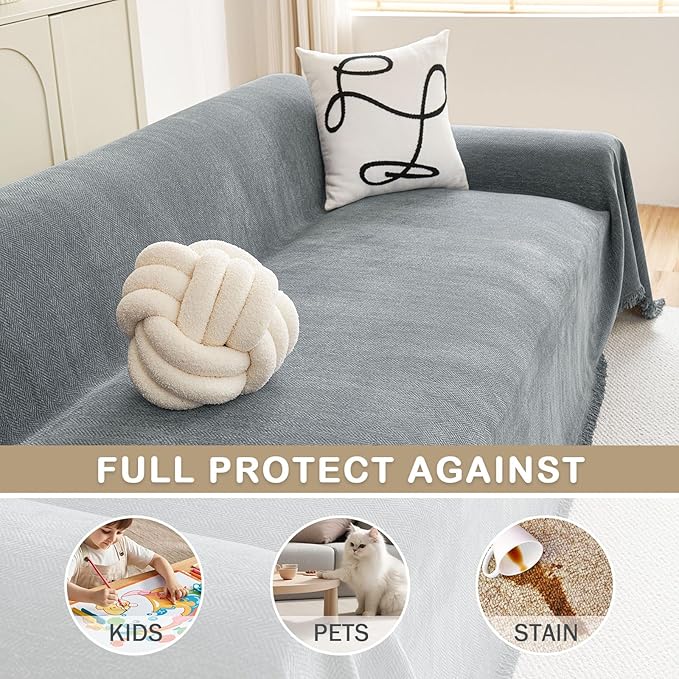 hyha Couch Cover for Dogs, Boho Sofa Covers for 3 Cushion Couch Washable, Chenille Sofa Slipcover for Pets, Soft Loveseat Sectional Couch Throw Blankets with Tassels (Grey, 88.5x118 Inch)