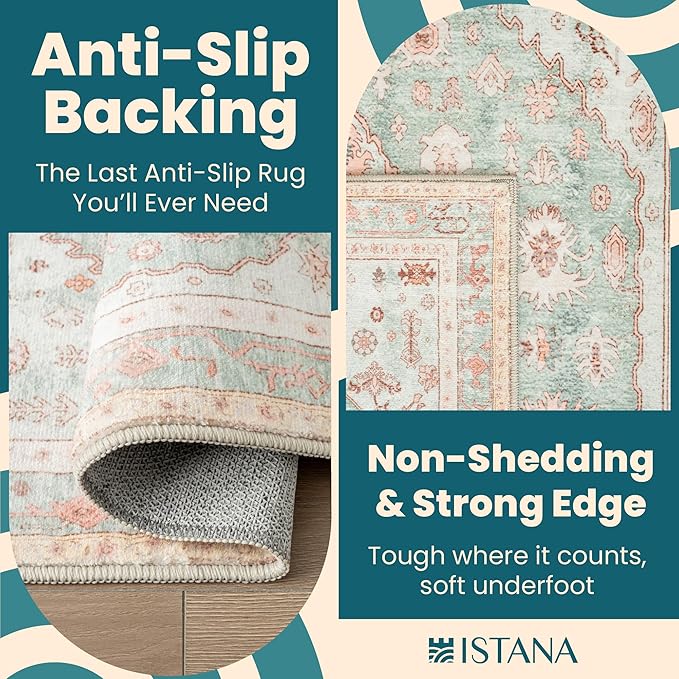 Istana Living Room Rug 10x14 - Light Green/Pink 10 x 14 Area Rug - Foldable Machine Washable Area Rugs 10x14 - Stylish 10x14 Area Rugs Boho - Stain Resistant Washable Rug 10x14