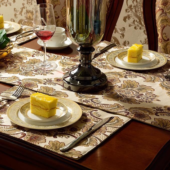 Extra Luxury Velvet Blue Table Runner 120 Inches Long with Vintage Damask Jacquard Design for Dining Room,Living Room,Home Decor,Elegant Beaded Tapestry (Dark Gold, 13×135 inch)