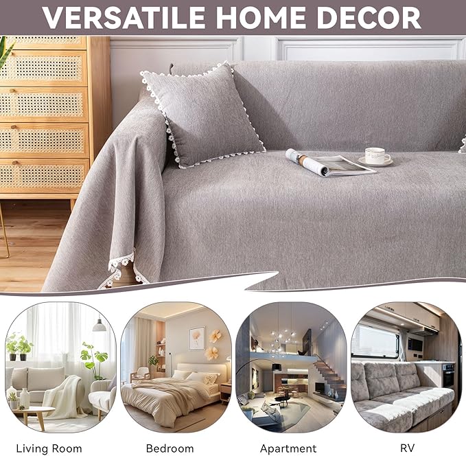 VClife Couch Cover Modern Gray Couch Covers for 2 Cushion Couch Sofa - Washable Chenille Sofa Cover with Lace for Living Room Office RV Bedroom (71"X118") Gift for Christmas Thanksgiving Birthday