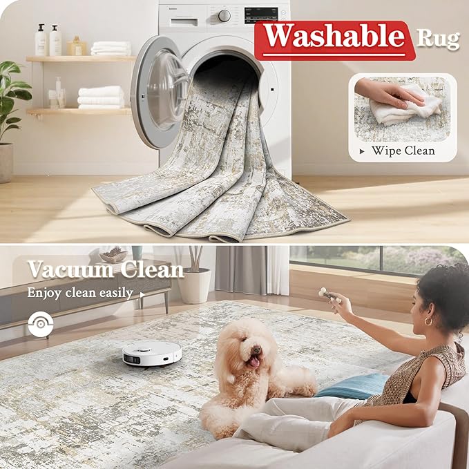 8x10 Area Rugs for Living Room: Washable Modern Abstract Rug Large Soft Non Slip Living Room Rug Indoor Low Pile Carpet for Bedroom Dining Room Home - Beige Grey Brown