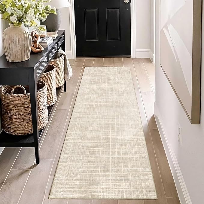 Enkor Runner Rugs for Hallway, 2x6 Washable Soft Non Slip Abstract Rugs for Kitchen, Modern Mat for Entryway Living Room Bedroom Beige Grid