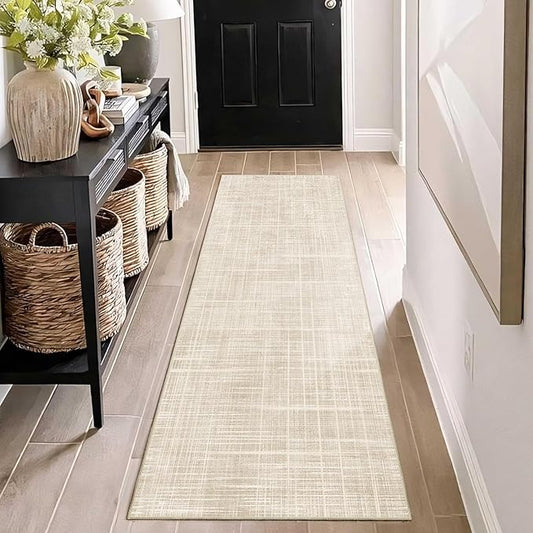 Enkor Runner Rugs for Hallway, 2x6 Washable Soft Non Slip Abstract Rugs for Kitchen, Modern Mat for Entryway Living Room Bedroom Beige Grid