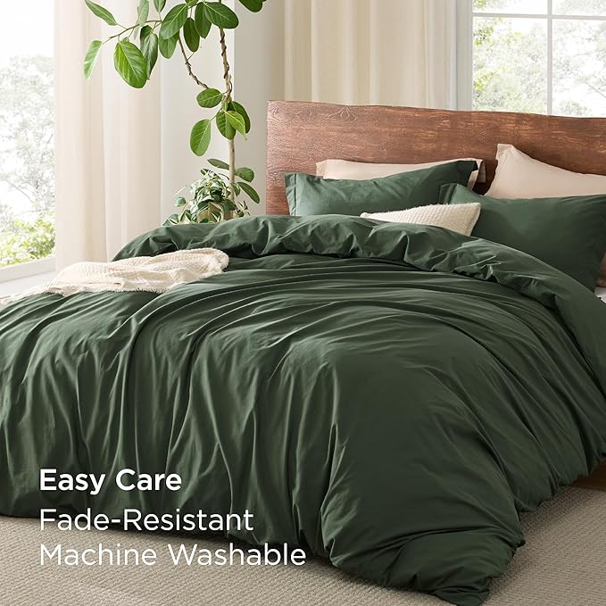 Bedsure 100% Washed Cotton Duvet Cover Queen Size - Olive Green Minimalist Cotton Duvet Cover Linen Like for All Seasons - GentleSoft™ Plain Simple Bedding (Olive Green, Queen, 90"x90")